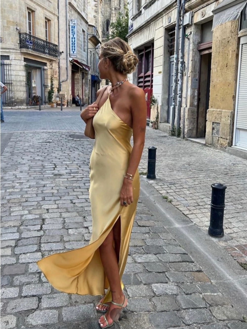 Commense One-Shoulder Satin Slip Dress in Soft Yellow Gold NWT size M